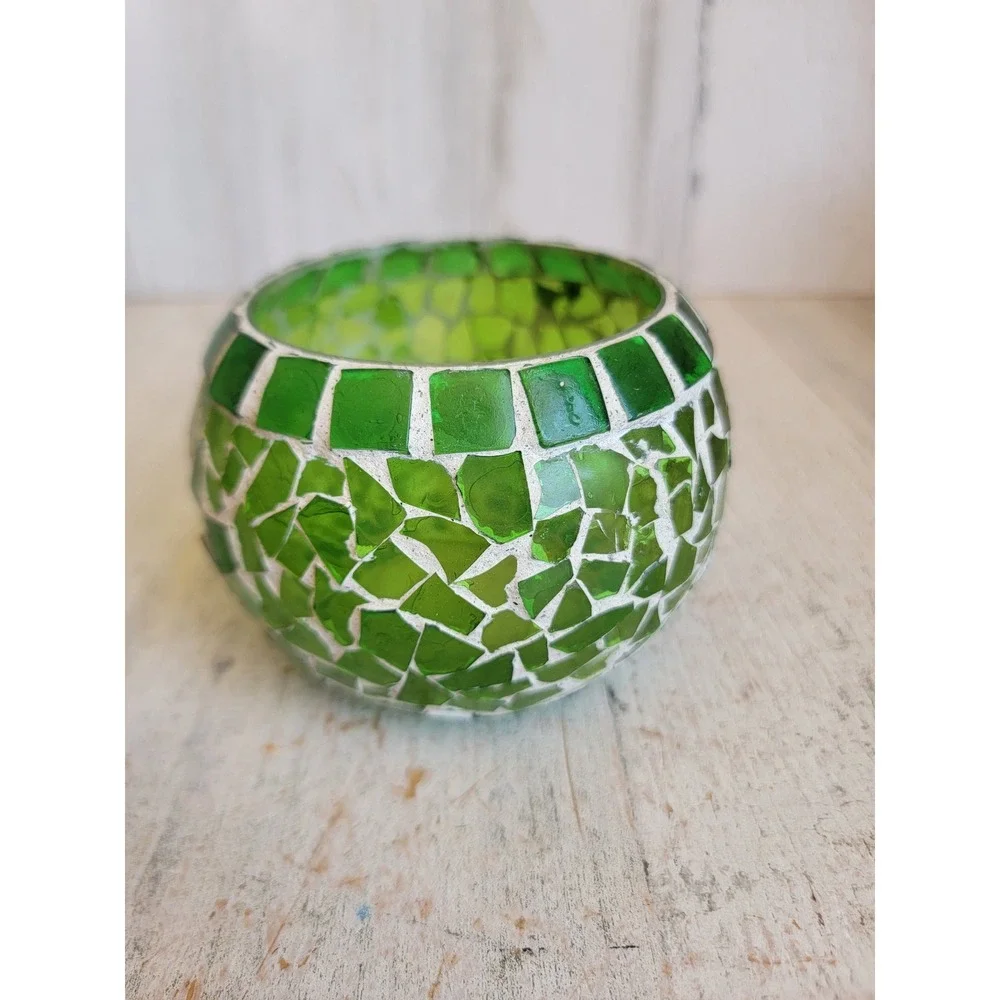 Tea light stained glass green vintage candle holder unique home decor figure
